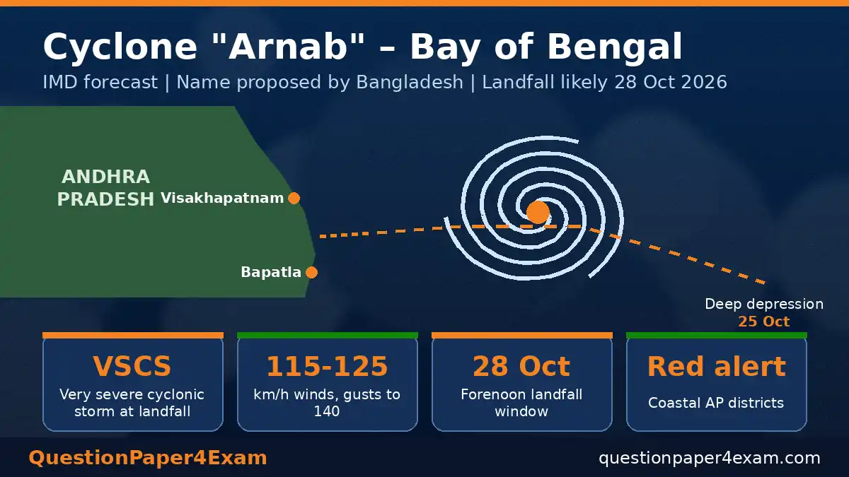 daily current affairs 26 october 2026 – Cyclone Arnab Bay of Bengal track and Andhra Pradesh landfall infographic